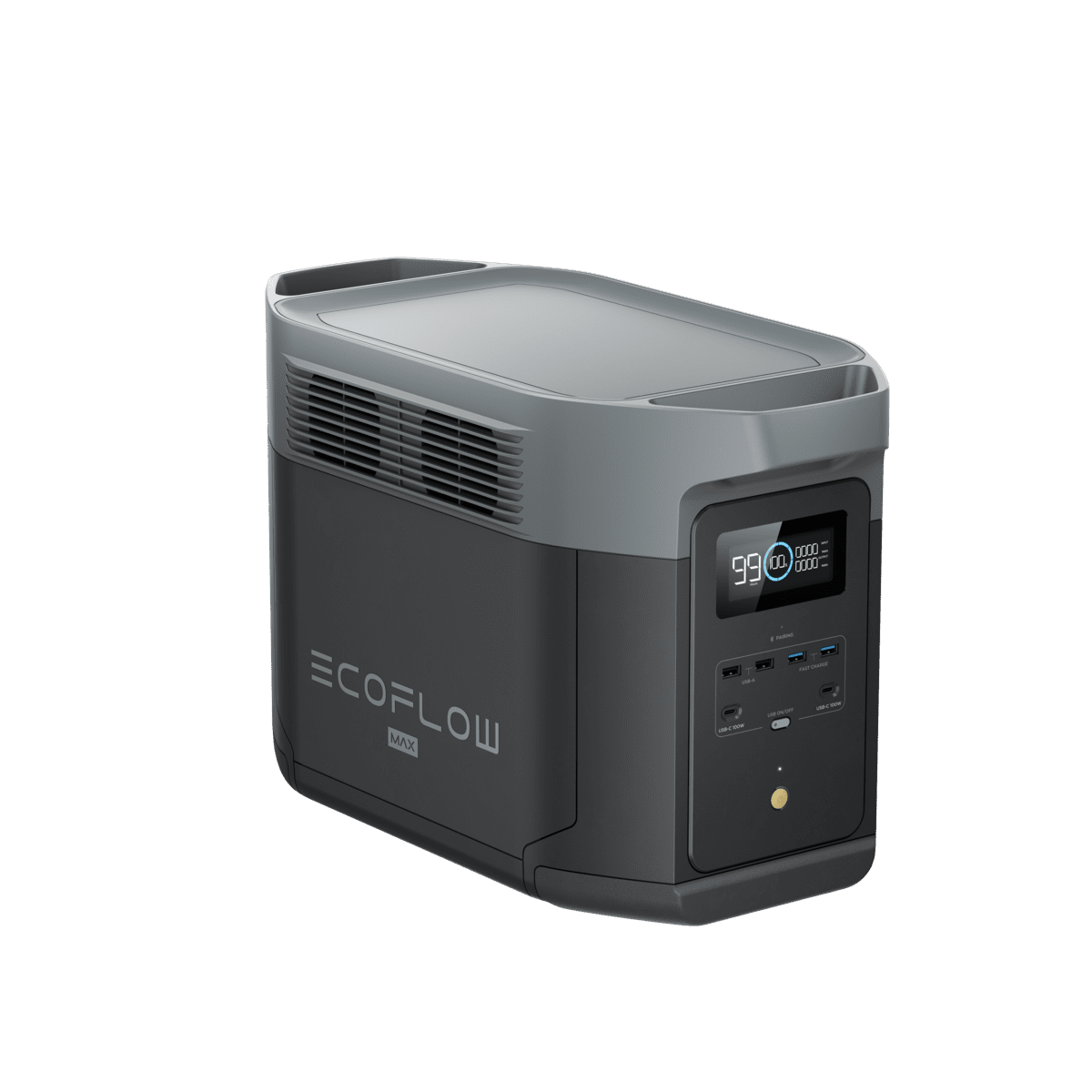 Portable EcoFlow power station with digital display and multiple USB and AC outlets, ideal for off-grid energy solutions and mobile power needs.