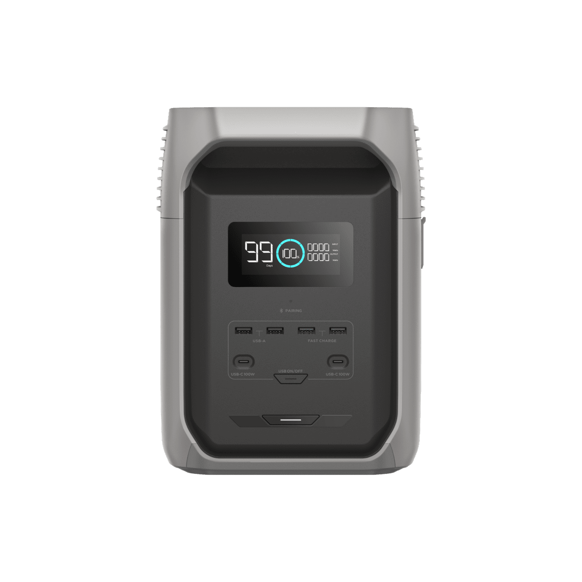 Portable solar generator with multiple USB ports and digital display for outdoor and emergency power solutions.