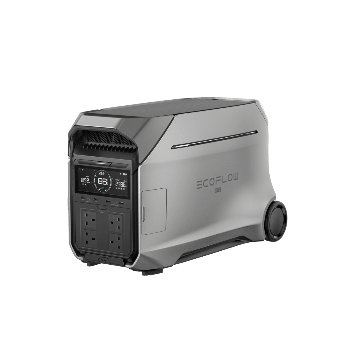 High-capacity EcoFlow portable power station with digital display, multiple AC outlets, perfect for outdoor camping, home backup, and emergency power solutions. Efficient, reliable, and eco-friendly energy.