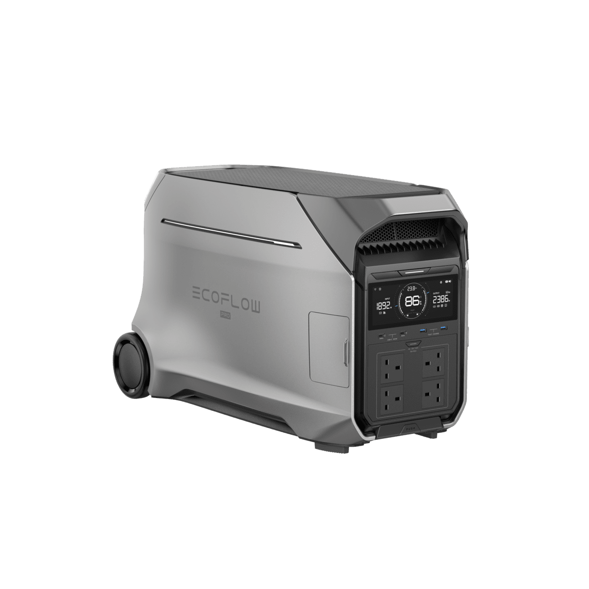 Portable EcoFlow power station with multiple outlets and digital display for outdoor and emergency power needs.