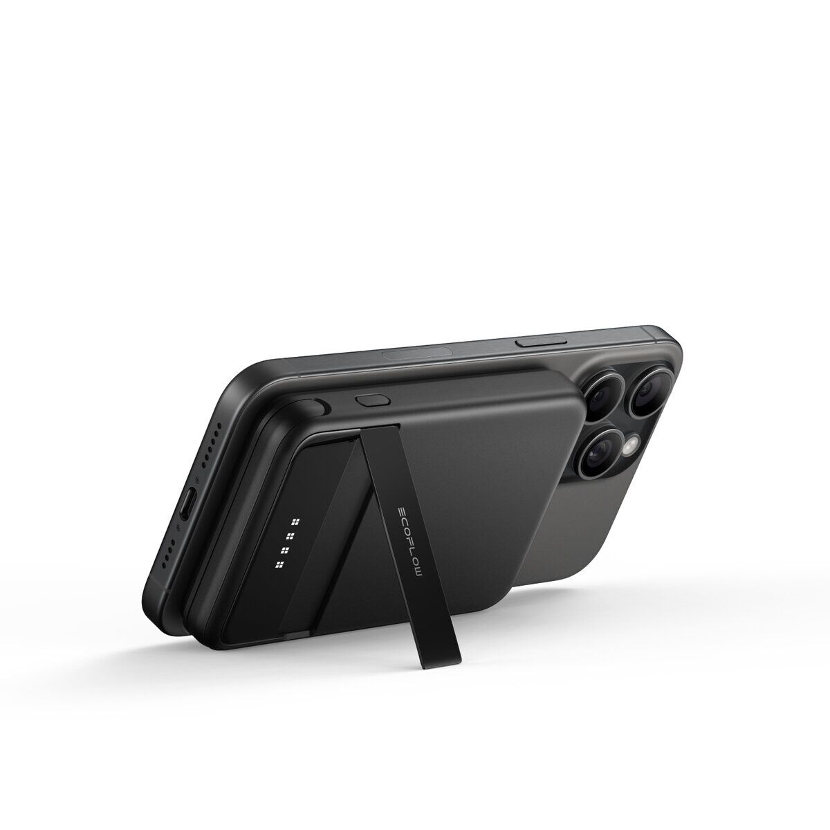 Compact portable power bank with built-in wireless charging pad and multiple USB ports for charging smartphones and devices on the go. Stylish black design with premium finish.