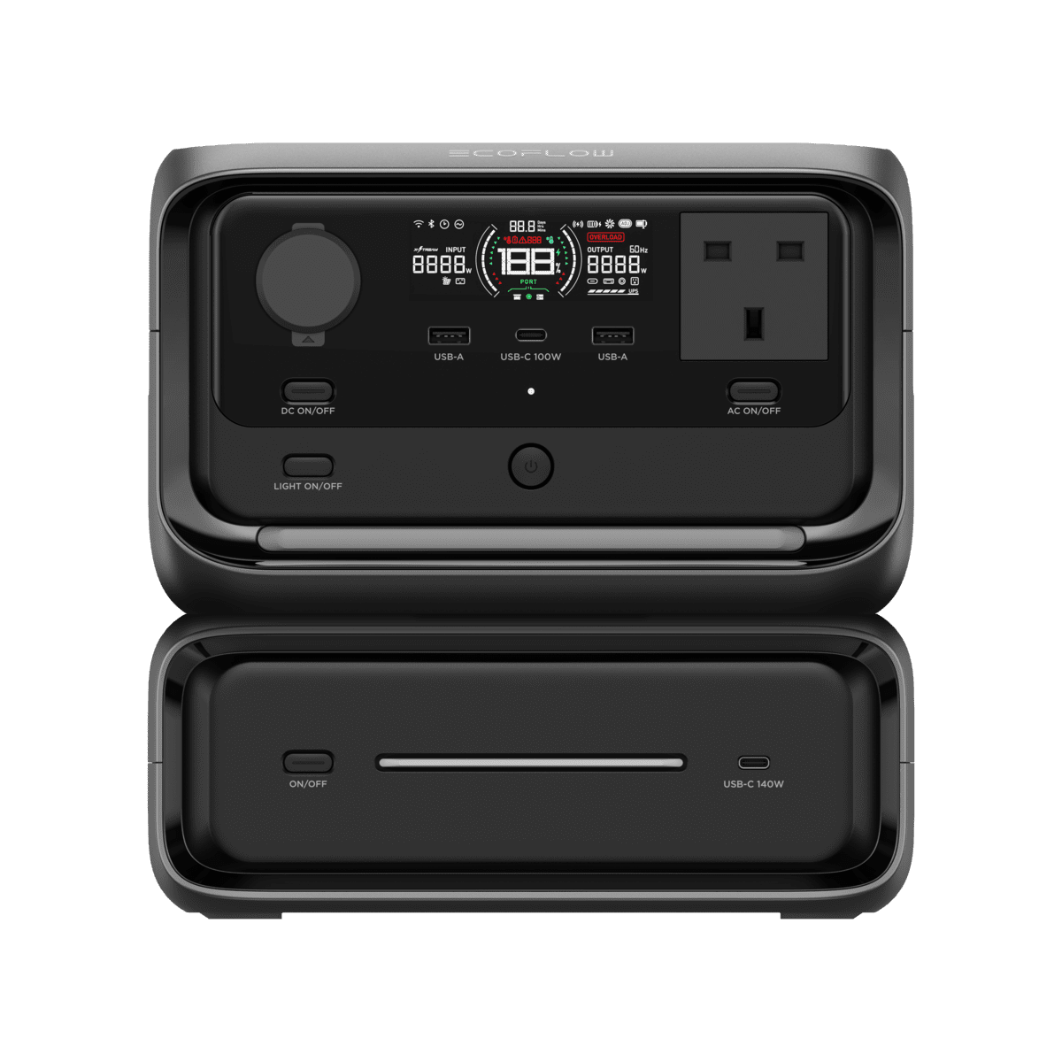 Portable EcoFlow power station with multiple USB, AC outlets, and digital display for reliable off-grid energy solutions in Ireland.