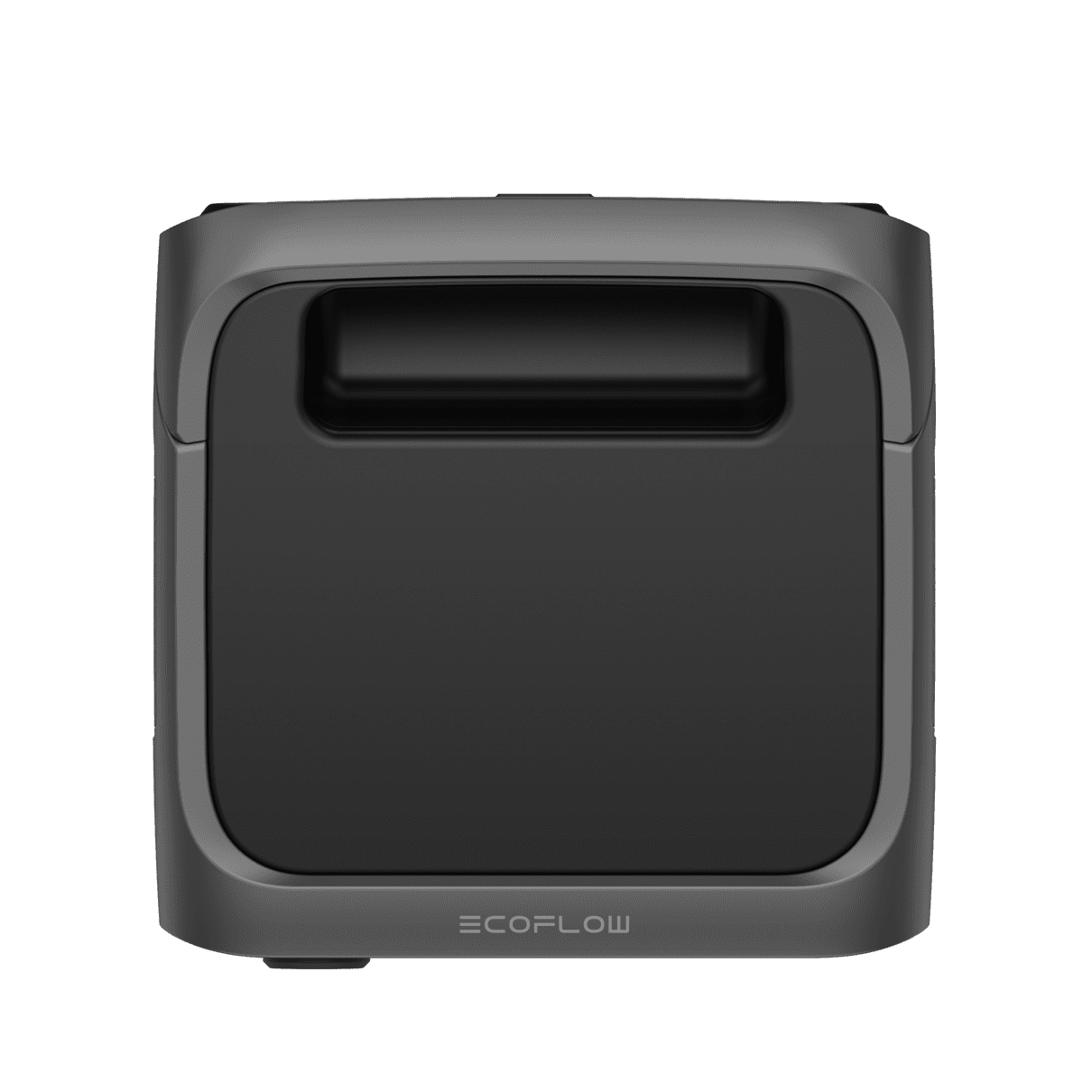 Portable EcoFlow power station, compact black design with handle, ideal for outdoor and emergency power solutions, energy storage, and mobile charging devices.