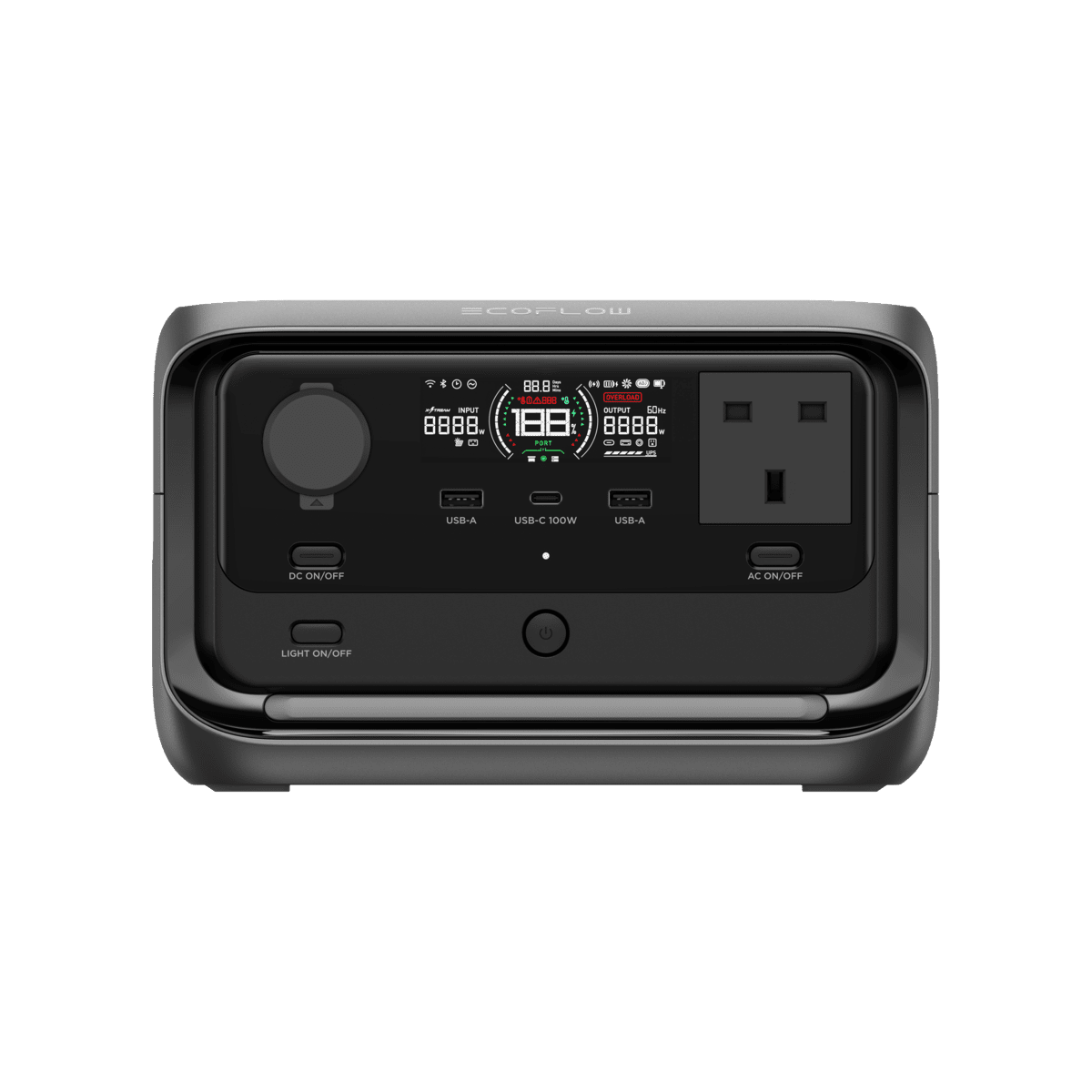 Portable eco-friendly power station with multi-USB ports, AC outlet, and LCD display for solar and battery power management. Ideal for camping, outdoor activities, and emergency backup.