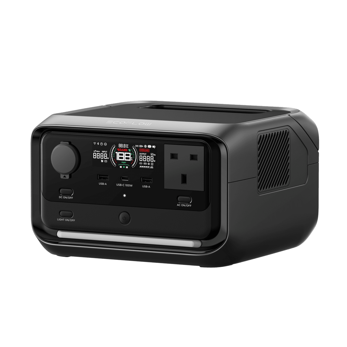 High-capacity portable power station with digital display, multiple USB ports, and AC outlets, ideal for home backup, camping, and off-grid energy solutions.